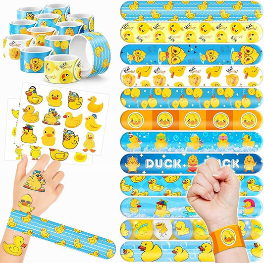 48PCS Duck Party Favors - 24PCS Temporary Tattoos & 24PCS Slap Bracelets - Cute Birthday Party Supplies, Decorations, Baby Shower Gifts, Classroom Prizes, and Rewards for Boys & Girls