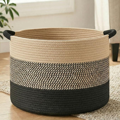Artfeel 100L Large Cotton Rope Basket, Decorative Woven Blanket Storage for Living Room, Boho Toy Storage & Toy Box for Kids, Versatile Laundry Basket & Nursery Hamper for Blankets(BlackBrown)
