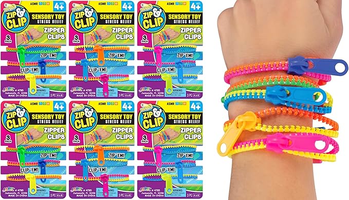 JA-RU Zipper Bracelets (6 Pack, 18 Units) Neon Colored Sensory Friendship Bracelets for Kids. Stress Relief Toy. Bulk Girls Party Favors, Goodie Bag Stuffers. 4785-6s