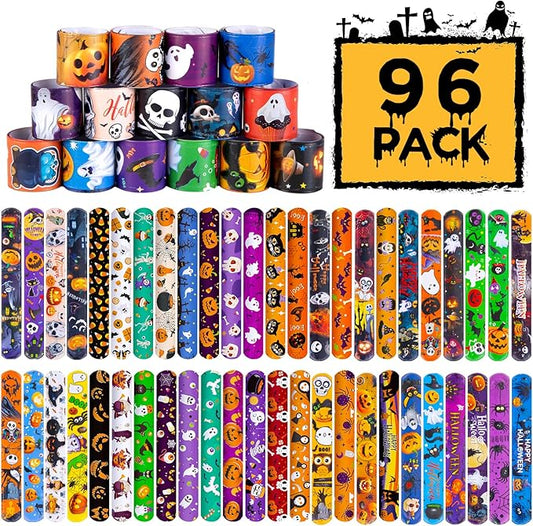 Shindel Halloween Slap Bracelets, 96PCS Kids Halloween Party Favors Halloween Slap Bands Wristbands Bulk for Goodie Bag Stuffers Trick or Treat