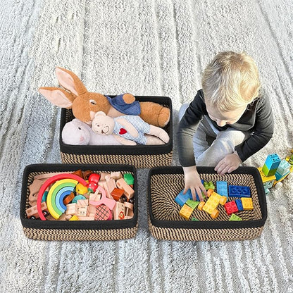 Goodpick Storage Baskets, Shelf Baskets for Organizing Dog Toy Basket Closet Organizer Bins Nursery Woven Basket for Storage Cube Decorative Box 3 Pack, Black & Jute, 13 x 8 x 5 in