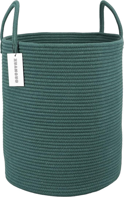 XUANGUO Cotton Rope Laundry Basket Hamper for Clothes Woven Storage Basket for Living Room Bedroom Boho Tall Rope Baskets for Blanket Toys Pillow Towels Baby Nursery Hamper Bin Large dark green