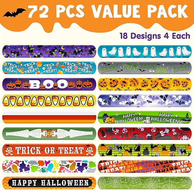JOYIN 72 PCS Halloween Slap Bracelets for Kids, Halloween Bracelets Bulk for Girls Boys Gifts, Friendship Bracelets Snap Bracelets for Halloween Party Favors Goodie Bag Fillers, Classroom Favors