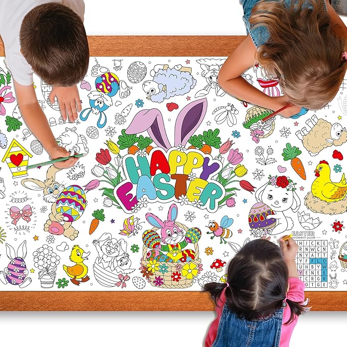 Easter Large Coloring Poster for Kids, Happy Easter Jumbo Coloring Paper Tablecloth, Bunny Eggs Color-in Craft Activities for Kids Easter School Classroom Home Party Supplies Decorations, 30 x 72 Inch