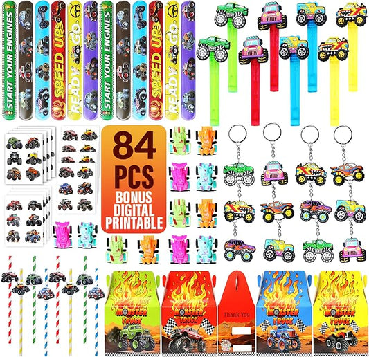 Monster Truck Party Favor 84 PCS Monster Truck Mini Pull Cars Treat Box Slap Bracelets Keychain Bubble Paper Straws Gift Rewards for Kids Birthday Supply