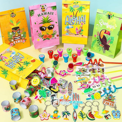 122Pcs Hawaiian Party Favors Summer Pool Beach Birthday Party Supplies Straw Stamp Bracelet Tattoo Sticker Keychain Pinata Goodie Bag Toy Gift Prize Filler Stuffer Kids Tropical Luau Party Supplies