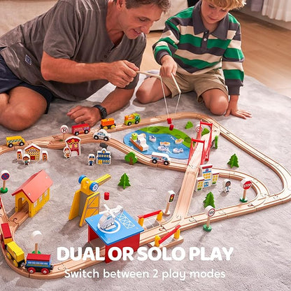 110PCS Wooden Train Set - Urban Journey, City Scene Railway Set with Magnetic Trains, Cars, Helicopter & Ship, Perfect Christmas Birthday Toy Gift for Kids Toddlers Boys Girls Ages 3-8