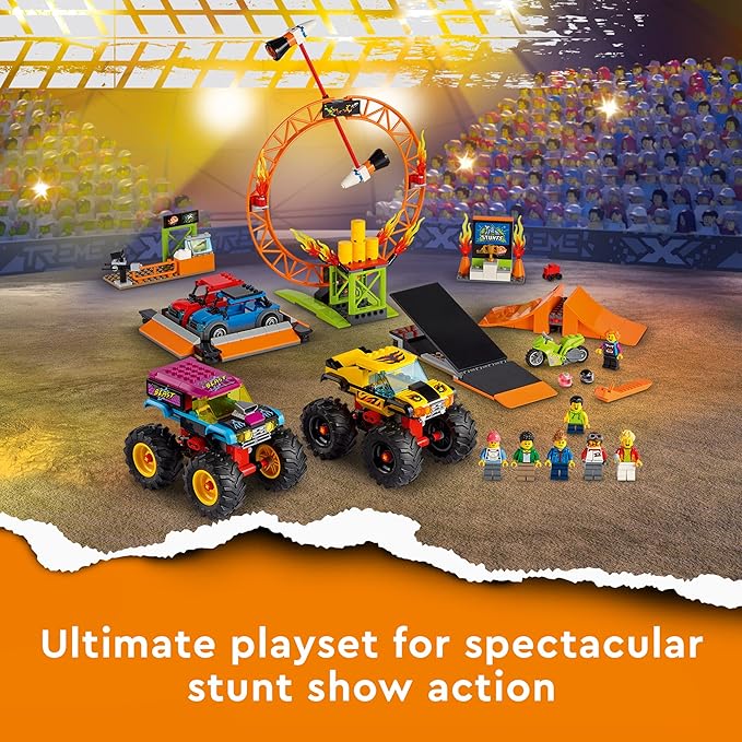 LEGO City Stunt Show Arena 60295 Building Toy Set with 2 Monster Trucks, 2 Collapsible Cars, a Flywheel-Powered Stunt Bike, Launch Ramps, Ring of fire and 6 Minifigures