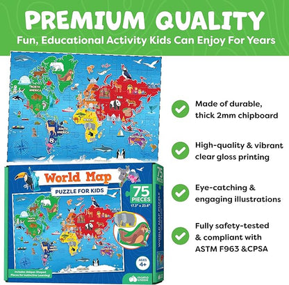World Map Puzzle for Kids - 75 Piece - World Puzzles with Continents - Childrens Jigsaw Geography Puzzles for Kids Ages 4-8, 5, 6, 7, 8-10 Year Olds - Globe Atlas Puzzle Maps Learning Games Gifts