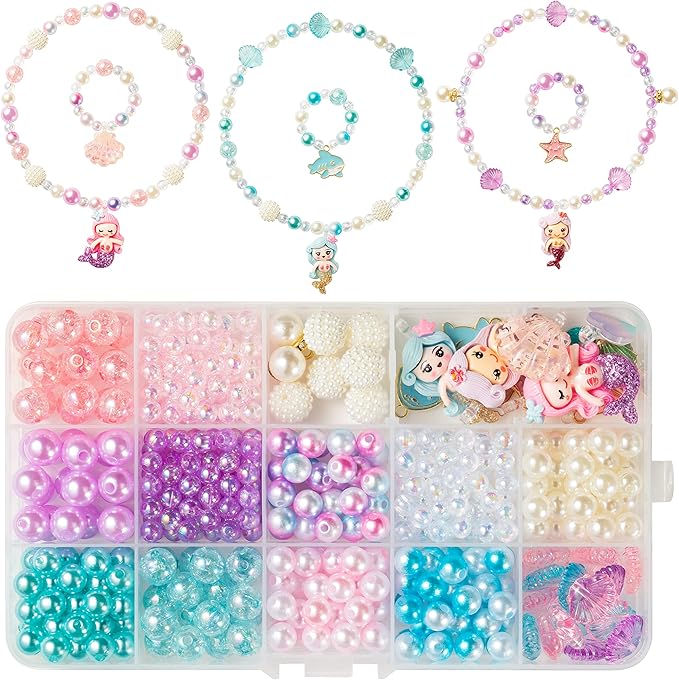 OSNIE Mermaid DIY Bead Jewelry Making Kit for Kids Girls with Jellyfish Shark Heart Starfish Shell Sailboat Pearl Charms Beads for Bracelets Rings Necklaces Creativity Beading Kits Art Craft, 400Pcs+