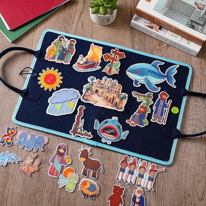 4 Pack Felt Board Bible Stories Set Flannel Board Stories Include Noah's Ark, Jonah and The Whale, David and Goliath, The Nativity of Jesus, 52 Pcs Precut Bible Felt Story Board for Kid