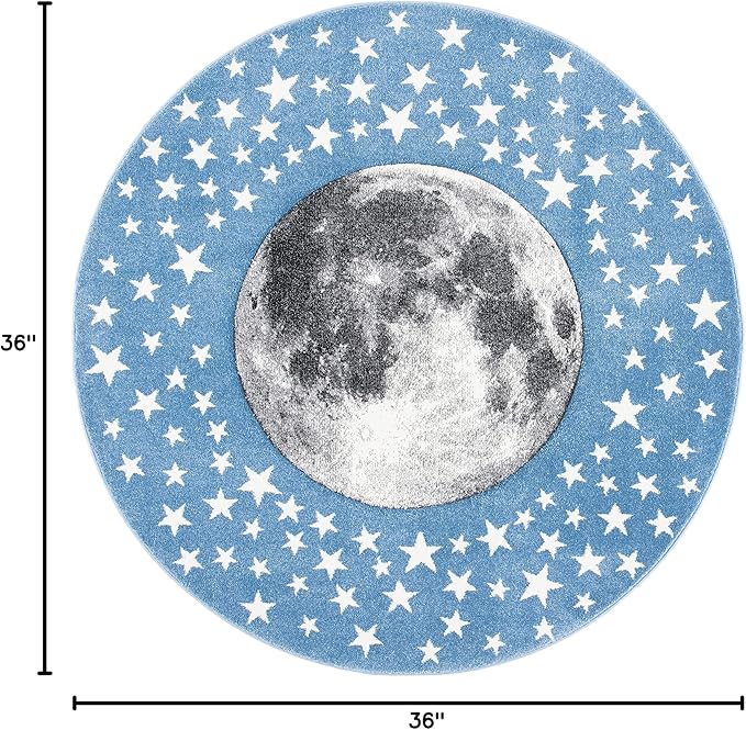 SAFAVIEH Carousel Kids Collection 3' Round Light Blue/Grey CRK135L Moon & Stars Non-Shedding Playroom Nursery Bedroom Area Rug