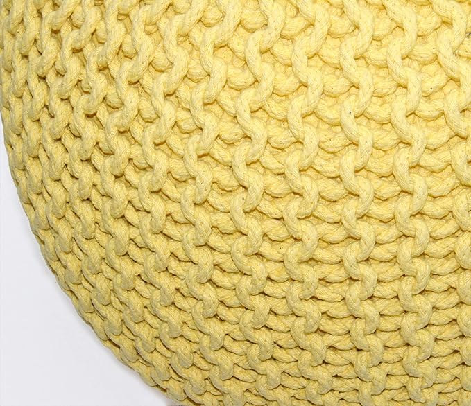 COTTON CRAFT - Hand Knitted Cable Style Dori Pouf - Yellow - Floor Ottoman - Cotton Braid Cord - Handmade & Hand Stitched - Truly one of a Kind Seating - 20 Dia x 14 High