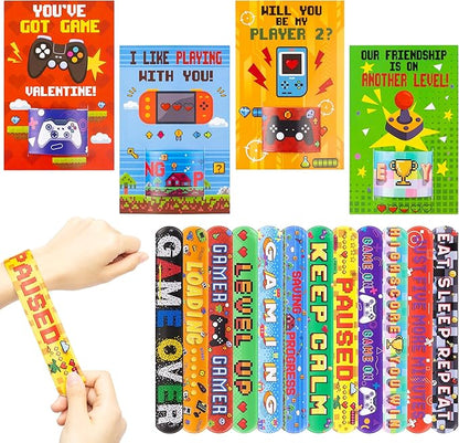 Haooryx Valentine's Exchange Gifts Bulk - 28-Piece Video Game Slap Bracelets with Greeting Cards Valentine's Day Kids' Multi-Item Party Favor Packs Class School Prizes Heartfelt Game Nights Reward