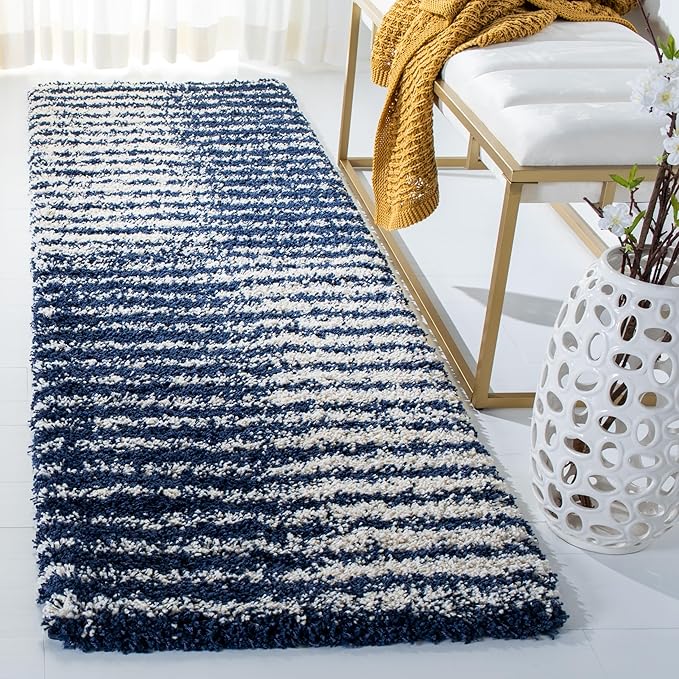 SAFAVIEH Hudson Shag Collection Runner Rug - 2'3" x 8', Navy & Ivory, Modern Abstract Design, Non-Shedding & Easy Care, 2-inch Thick Ideal for High Traffic Areas in Living Room, Bedroom (SGH298N)