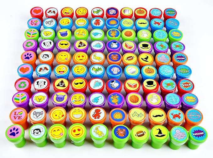 JOYIN 100PCS Assorted Stamps for Kids Self-Ink for Party Favor, Teacher Stamps, Kids Treasure Box, Prize for Classroom, Easter Egg Stuffers (50 Designs, Dinosaur, Halloween Stampers)