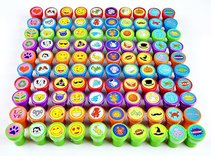 JOYIN 100PCS Assorted Stamps for Kids Self-Ink for Party Favor, Teacher Stamps, Kids Treasure Box, Prize for Classroom, Easter Egg Stuffers (50 Designs, Dinosaur, Halloween Stampers)