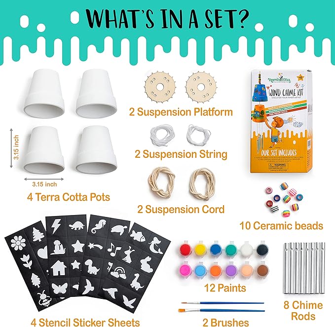 ROMI'S WAY 2-Pack Make Your Own Wind Chime Kit - Larger Bells, Stencils and Beads, Arts and Crafts for Kids Ages 8-12, 6-8 - DIY Craft Kit for Girls & Boys - Unique Art Gifts for Christmas, Birthday