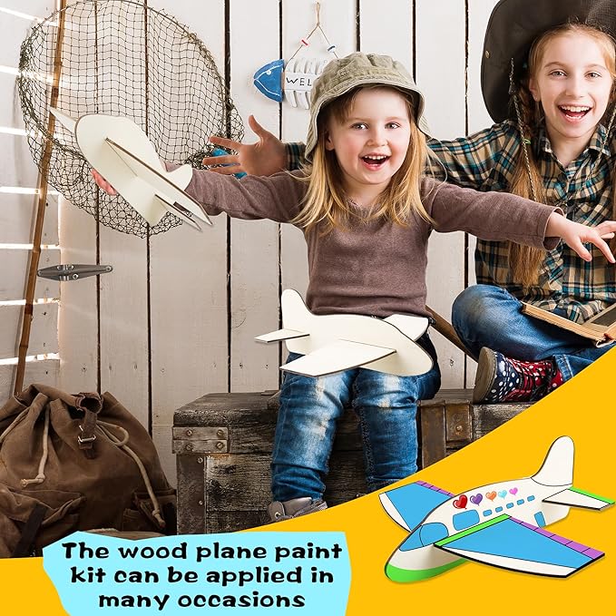 24 Pack Unfinished Wooden Airplane Model Toys DIY Model Planes Wood Plane kit Handcraft Plane to Paint for Kids School Art Activity Birthday Carnival Party (Color Style 1)