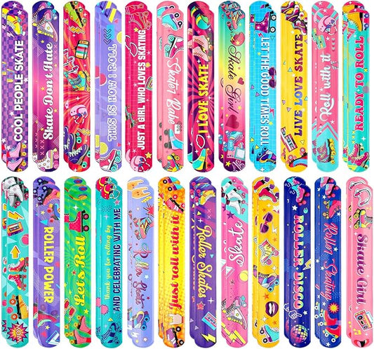 Marsui 48 Pcs Roller Skating Party Supplies Pack Slap Bracelets for Birthday Party Favors Snap Bracelets Pack Bulk for Wrist Bands Toddler Party Favors Bulk, 24 Designs