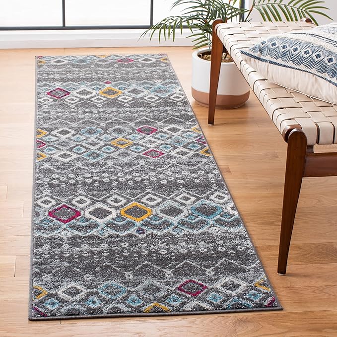 SAFAVIEH Amsterdam Collection Runner Rug - 2'3" x 8', Dark Grey & Ivory, Moroccan Boho Design, Non-Shedding & Easy Care, Ideal for High Traffic Areas in Living Room, Bedroom (AMS108H)