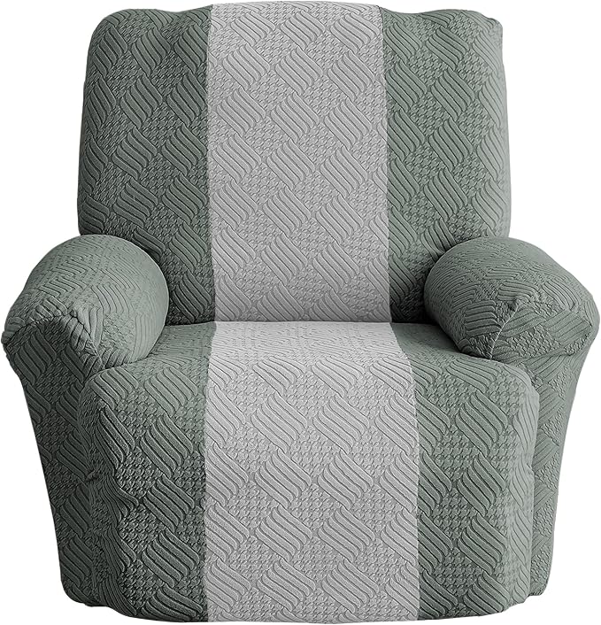 Lavish Cover Jacquard Recliner Chair Cover, Stretch Recliner Slipcover, Lazy Boy Recliner Sofa Protector, Furniture Cover for Pets and Scratches(Recliner,Green+LightGrey)