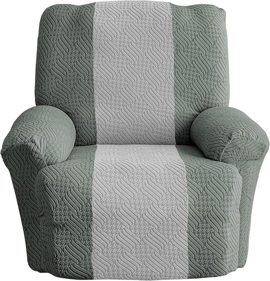 Lavish Cover Jacquard Recliner Chair Cover, Stretch Recliner Slipcover, Lazy Boy Recliner Sofa Protector, Furniture Cover for Pets and Scratches(Recliner,Green+LightGrey)