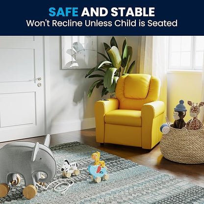 Flash Furniture Vana Vinyl Kids Recliner with Cup Holder, Headrest, and Safety Recline, Contemporary Reclining Chair for Kids, Supports up to 90 lbs., Yellow