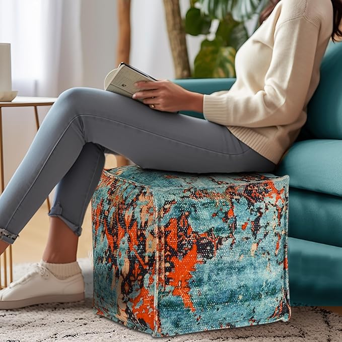 COTTON CRAFT Printed Pouf - Ottoman Foot Stool Bean Bag - Dorm Kids Room Bedroom Home Décor Accent Seating - Boho Modern Comfortable Prefilled Cotton Square Pouf Footrest - 17x17x17 inch - Teal Aqua