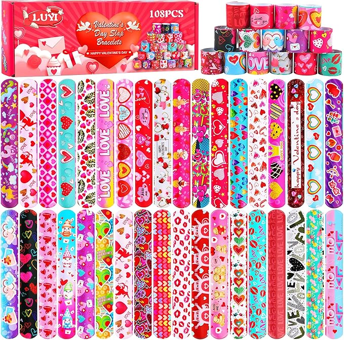 LUYI 108 Pcs Valentines Day Slap Bracelets Wristbands Valentines Day Party Supplies Toys School Class Classroom Game Prizes Goodie Bag Fillers