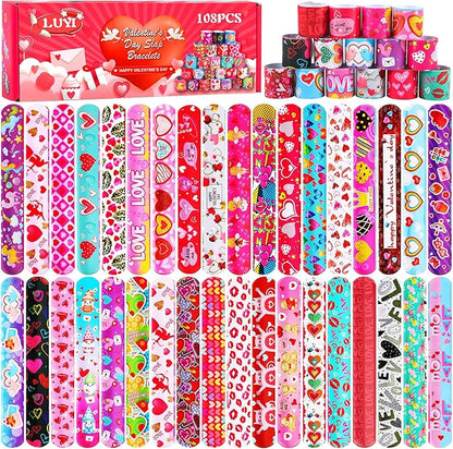 LUYI 108 Pcs Valentines Day Slap Bracelets Wristbands Valentines Day Party Supplies Toys School Class Classroom Game Prizes Goodie Bag Fillers
