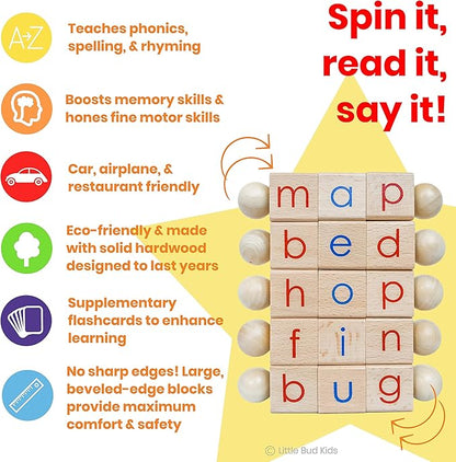 LITTLE BUD KIDS Spin-and-Read Montessori Phonetic Reading Blocks with CVC Phonics Flashcards for Beginner Readers, Montessori Reading Wooden Toys for 3 Years +
