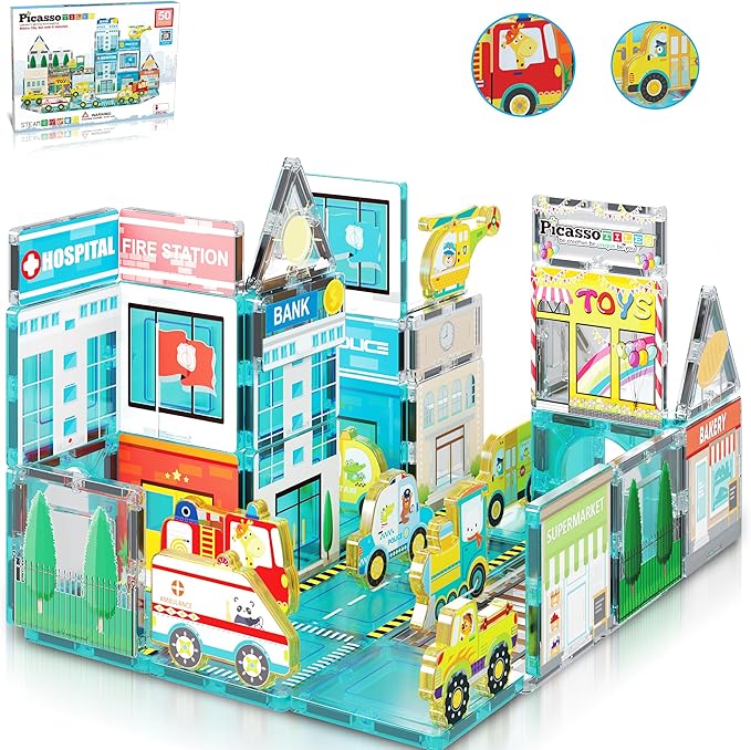 PicassoTiles Magnetic Building Blocks Metro City Town Hospital Theme Toddler Magnet Toys Tiles Play Set with 8 Vehicle Train Truck Character Action Figures STEAM Learning Educational For Ages 3+ PTQ14