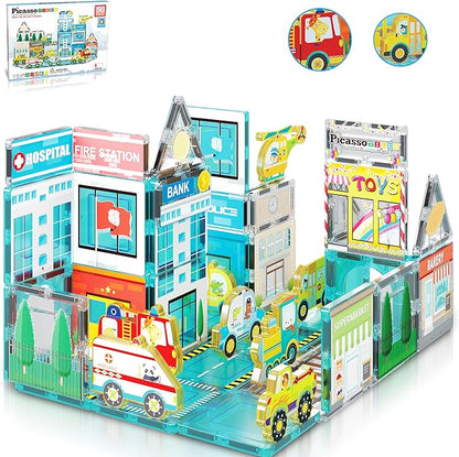 PicassoTiles Magnetic Building Blocks Metro City Town Hospital Theme Toddler Magnet Toys Tiles Play Set with 8 Vehicle Train Truck Character Action Figures STEAM Learning Educational For Ages 3+ PTQ14