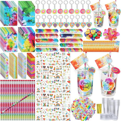 Noveread 251 Pcs Party Favors Set Includes Drink Gift Cup Mini Notebooks Pencils Heart Eraser Pencil Sharpener Slap Bracelets Ruler Tattoo Stickers Cards Keychain School Stationery Set (Tie Dye)