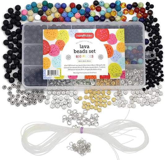 Incraftables Lava Beads Set for DIY Jewelry & Bracelet Making (1000pcs). Bulk Black & Colorful Assorted (4mm, 6mm & 8mm) Stone Rock Chakra Bead Kit for Essential Oils with Spacer Beads & Organizer