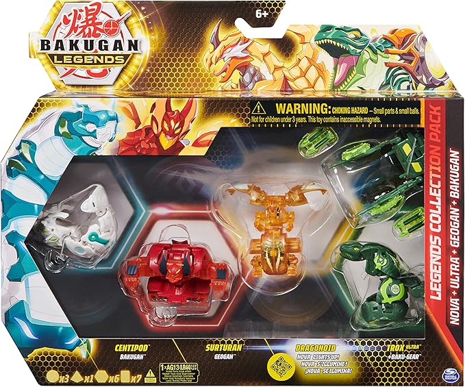 Bakugan Legends Collection Pack, 4-Pack Featuring Centipod, Surturan Geogan, Dragonoid Nova, Trox Ultra, and 6 BakuCores, Kids Toys for Ages 6 and Up