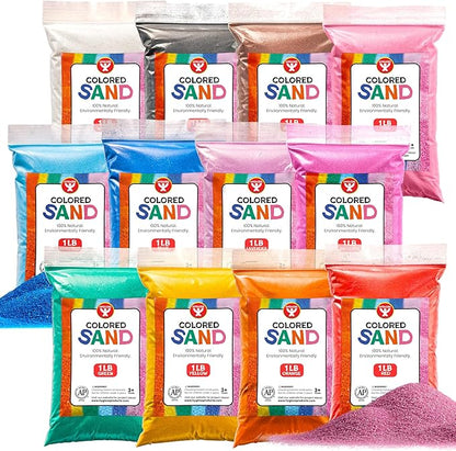 Hygloss Colored Play Sand – Assorted Craft Sand for Christmas Sand Art, 12 Vibrant Colors,1 lb Bags – Perfect for Holiday Gifts, DIY Decorations, and Creative Christmas Crafts - 12 lb Total