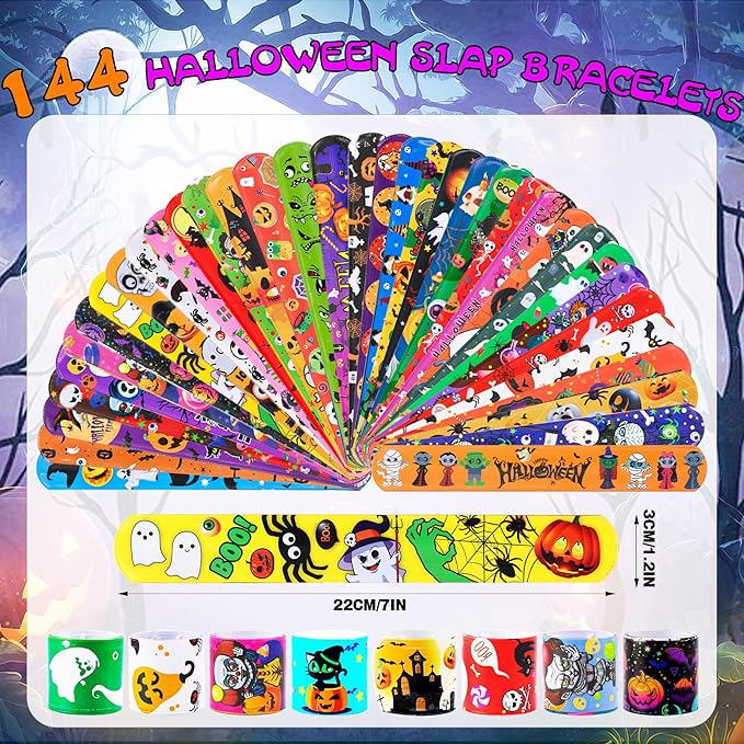 144 PCS Halloween Slap Bracelets Halloween Party Favors Supplies for Kids-108 Different Designs Bracelets Bulk for Halloween Decorations Halloween Treat Toys Bag Stuffers Gift for Kids Girls Boys