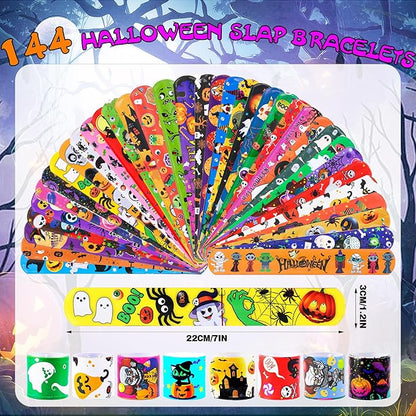 144 PCS Halloween Slap Bracelets Halloween Party Favors Supplies for Kids-108 Different Designs Bracelets Bulk for Halloween Decorations Halloween Treat Toys Bag Stuffers Gift for Kids Girls Boys