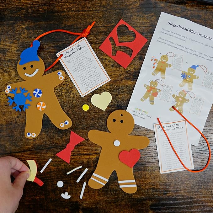 4E's Novelty Legend of Gingerbread Man Ornament Craft - 12 Pack Bulk Foam Christmas Ornaments Set, Ages 3-12, Self-Adhesive, DIY Ornaments for Christmas Tree, Classroom Art Project