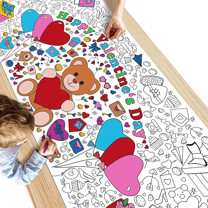 Valentines Giant Coloring Poster/Tablecloth-Valentines Day Gifts for Kids Classroom School-30 x 72 Inches Jumbo Coloring Banner Kids Crafts Games Activities Toys Decor Party Decorations