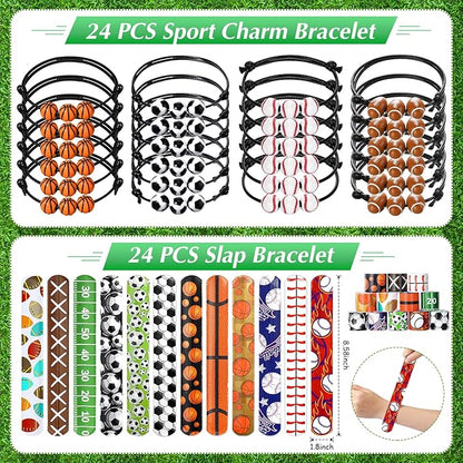 Aoriher 120 Pcs Sport Balls Party Favors Set Serve 24, Basketball Football Soccer Goodie Foam Finger Mini Stress Ball Slap Bracelet Charm Bracelet Stamp for Kids Party Supplies (Sports Ball)