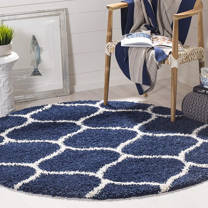 SAFAVIEH Hudson Shag Collection 5' Round Navy/Ivory SGH280C Moroccan Ogee Trellis Non-Shedding Living Room Bedroom Dining Room Entryway Plush 2-inch Thick Area Rug