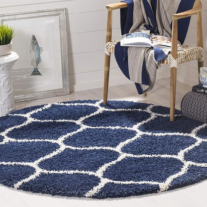 SAFAVIEH Hudson Shag Collection 5' Round Navy/Ivory SGH280C Moroccan Ogee Trellis Non-Shedding Living Room Bedroom Dining Room Entryway Plush 2-inch Thick Area Rug
