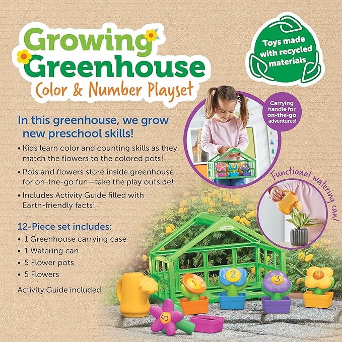 Learning Resources Growing Greenhouse Color & Number Playset, Preschool Learning Activities, Montessori Toys, Easter Toys, Ages 18 Month+, 12 Pieces