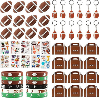 Football Party Favor Set 108 Pcs Rugby Rubber Treat Box Stickers Silicone Bracelet Tattoo Stickers Key Buckle Prefect for Football Theme Party and Birthday Party Supplies Decorations