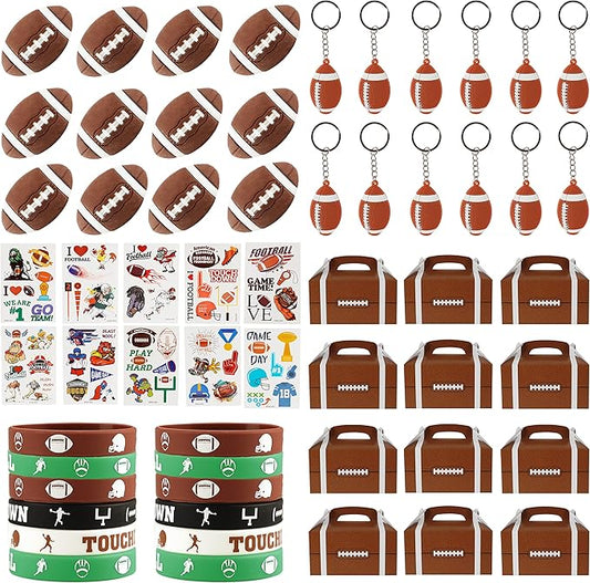 Football Party Favor Set 108 Pcs Rugby Rubber Treat Box Stickers Silicone Bracelet Tattoo Stickers Key Buckle Prefect for Football Theme Party and Birthday Party Supplies Decorations