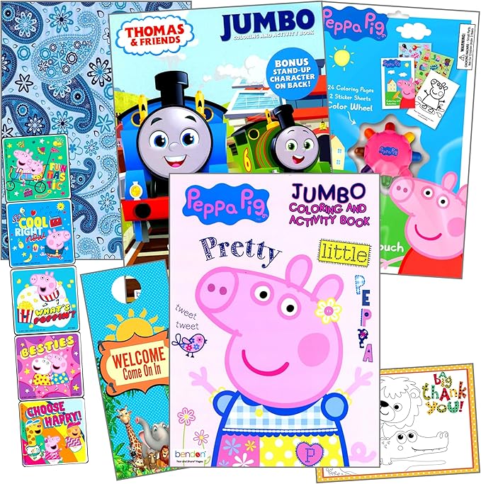 Peppa Coloring Books Stickers Activity Set - Bundle Includes Thomas The Train Coloring Book, Peppa Pig Coloring Book, Stickers, Reward Stickers, and More