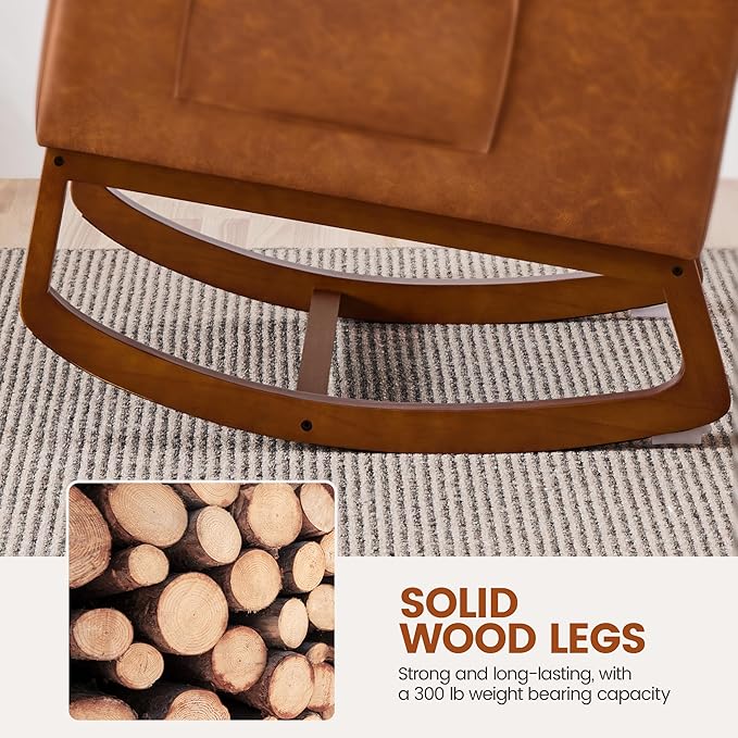 Yaheetech Rocking Chair, Leather Nursery Glider Chair, Upholstered Accent Chair with Rubber Wood Legs and Side Pockets, High Back Armchair for Living Room, Bedroom, Brown